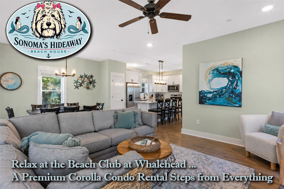 Coastal living room at Sonoma’s Hideaway in Corolla NC featuring open concept layout, beach decor, and close walk to Outer Banks beach rental in Whalehead