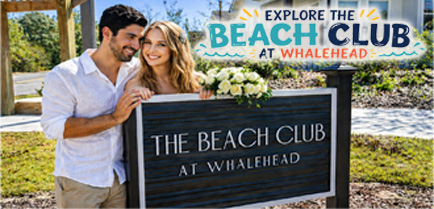 Couple at The Beach Club at Whalehead in Corolla NC with sign and text overlay inviting guests to explore amenities near Outer Banks vacation rentals