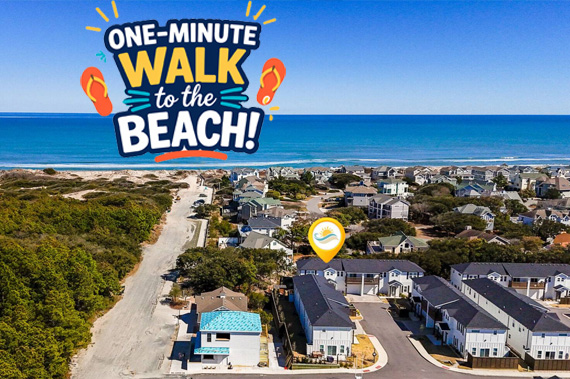 Aerial view of Sonoma’s Hideaway vacation rental in Corolla NC showing one-minute walk to beach access in the Outer Banks with oceanfront neighborhood